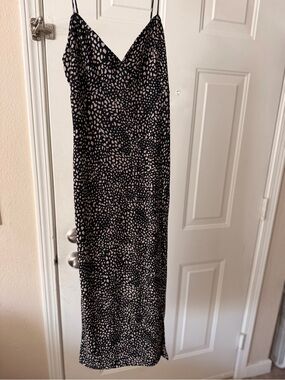 Spotted Black & Cream Slip Dress with Side Leg Slit